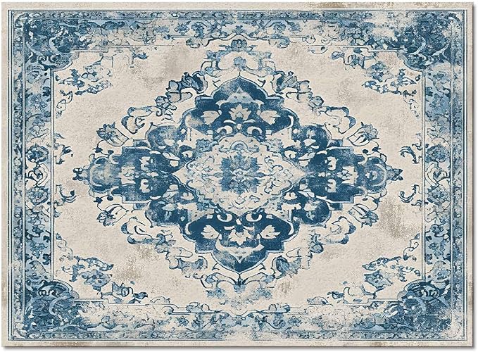 Blue Bohemian Rectangular Area Rugs for Living Room Bedroom 3 x 5 ft Vintage Farmhouse Floral Pattern Non-Shedding Soft Low Pile Rug Non Slip Washable Rug for Nursery Entryway Playroom