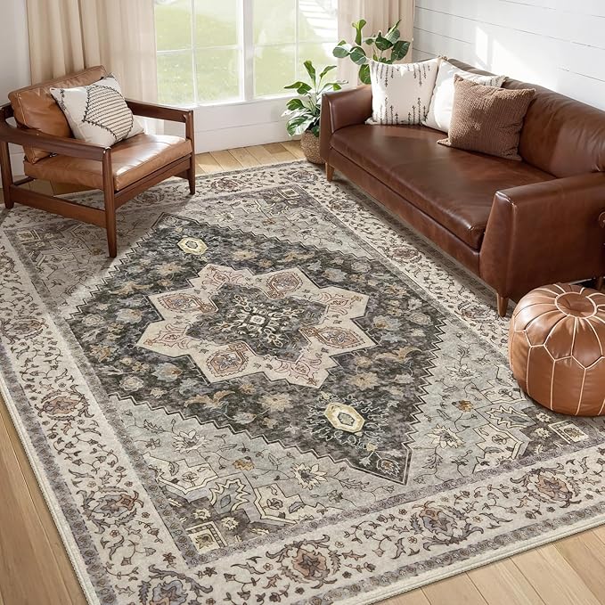 Tangsoo Washable Rug 4x6 Area Rug, Vintage Rug Indoor for Living Room, Non Slip Machine Washable Large Rugs, Soft Print Distressed Grey Farmhouse Carpet for Bedroom Dining Room Dorm Office