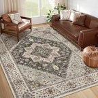 Tangsoo Washable Rug 4x6 Area Rug, Vintage Rug Indoor for Living Room, Non Slip Machine Washable Large Rugs, Soft Print Distressed Grey Farmhouse Carpet for Bedroom Dining Room Dorm Office