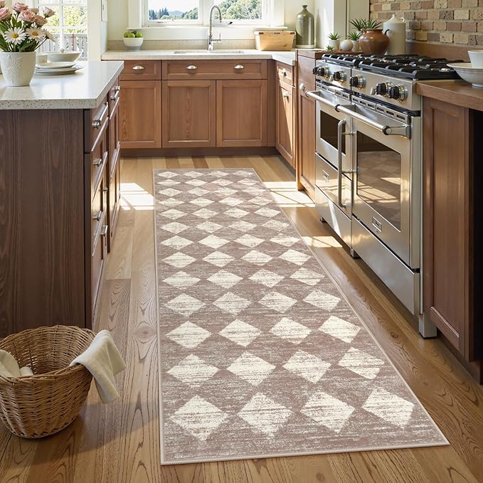 Lahome Moroccan Treills 2x8 Washable Hallway Runner Rug, Non Slip Bathroom Kitchen Carpet Runners, Checkered Modern Soft Runner for Entryway Living Room, Beige