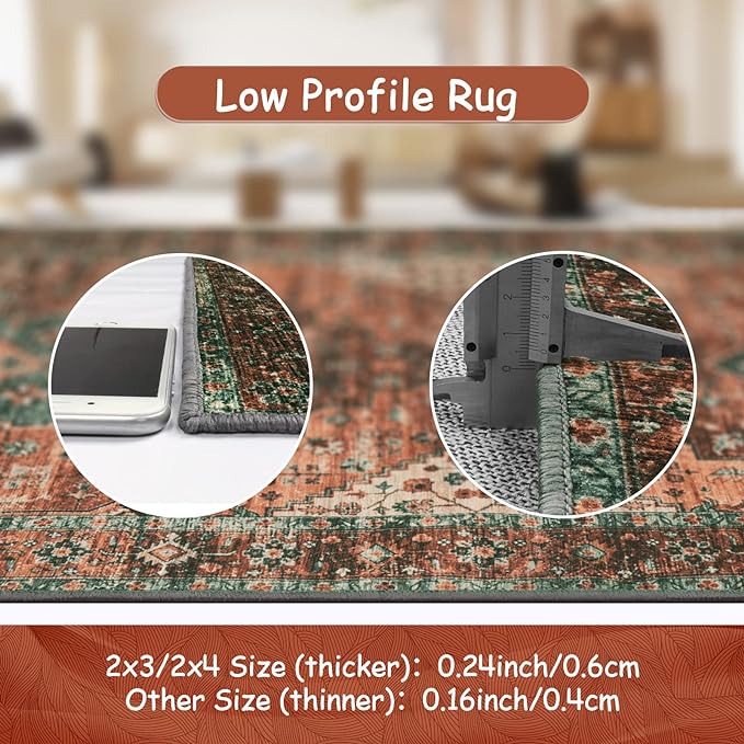 Moynesa Ultra-Thin Washable 10x14 Area Rugs for Living Room, Boho Large Living Room Rug Non Slip,Vintage Oriental Indoor Floor Carpet for Dining Room Table Dorm Home Office Decor, Brick Red