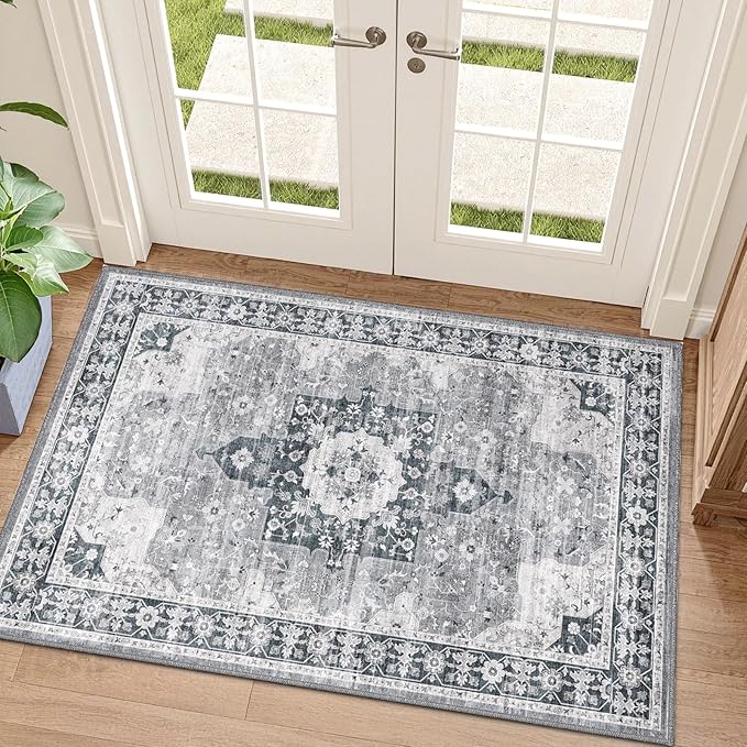 LUMI Indoor Thin Door Mat, 32x47 Washable Small Inside Doormat, Non Slip Low Pile Oriental Floor Carpet, Vintage Distressed Area Rug for Front Door,Entrance,Bedroom, Blue