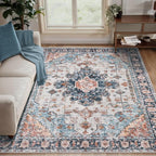 Tangsoo 4x6 Area Rug for Living Room, Washable Vintage Indoor, Distressed Blue/Beige Carpet for Bedroom, Non Slip Dining Room, Soft Low Pile Rugs Foldable for Dorm Bedside Bathroom
