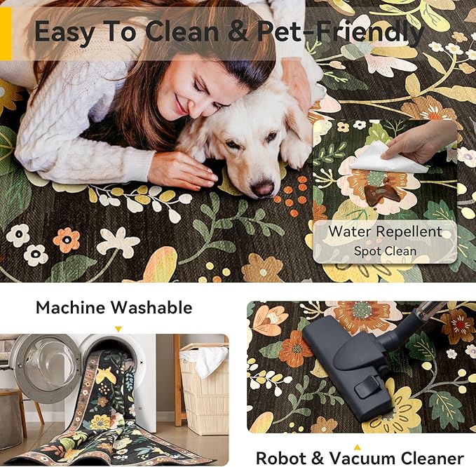 Floral 9x12 Area Rug Machine Washable Soft Print Boho Carpet Non Slip Doormat Low Pile Flower Area Rugs for Living Room Bedroom Nursery Kitchen Dining Room Indoor-Black/Yellow/Red