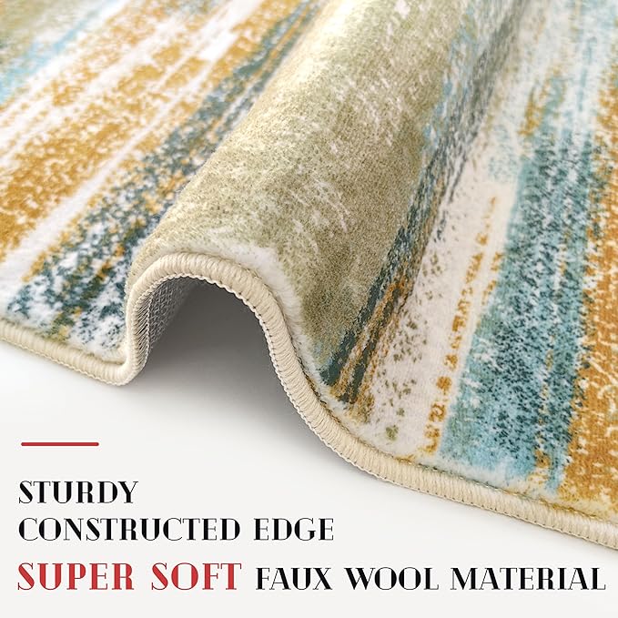 Modern Abstract Runner Rug 2.6x16, Green Mustard Multi Washable Long Kitchen Runner Non-Slip Soft Hallway Rug Runner Thin Print Faux Wool Carpet for Entryway Bedroom Laundry Room Indoor