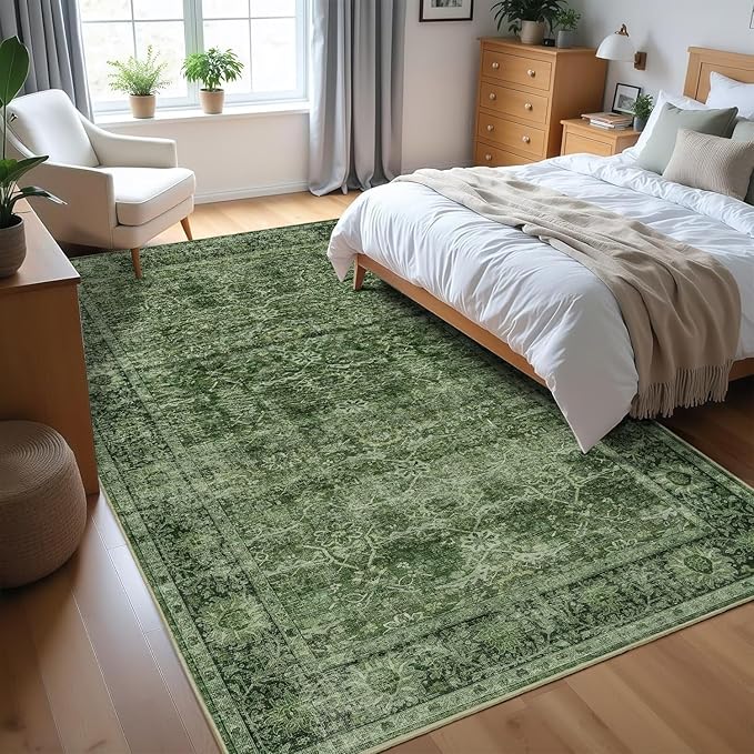 3x5 Washable Area Rug for Living Room Bedroom Dining Room Non-Slip Low Pile Boho Vintage Distressed Entryway Rug Traditional Floral Retro Accent Throw Carpet for Dining Room Bathroom Kitchen Green