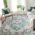 Washable Area Rugs 3x5 , Low Pile Super Soft Carpet, Vitnage Distressed Rug for Bedroom, Living Room, Dining Room, Non-Slip, Low Pile, Green