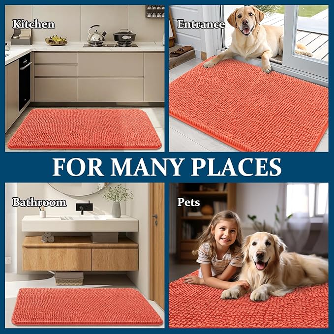 OLANLY Dog Door Mat for Muddy Paws 54x32, Absorbs Moisture and Dirt, Absorbent Non-Slip Washable Doormat, Quick Dry Chenille Mud Mat for Dogs, Entry Indoor Entryway Carpet for Inside Floor, Coral