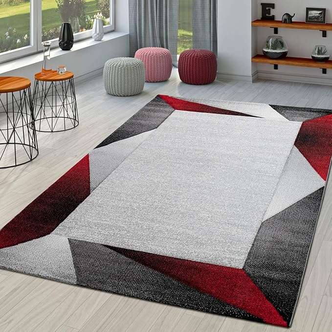 Paco Home Modern Area Rug Bordered with Geometric Pattern Red Grey with Contour Cut, Size: 2' x 3'7"