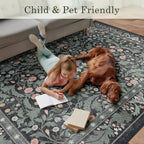 Dark Green Floral 8x10 Area Rugs for Living Room Large Washable Rug Vintage Forest Low Pile Non Slip Stain Resistance Soft Carpet for Dining Room, Bedroom, Kids Room, Nursery Room, Playroom