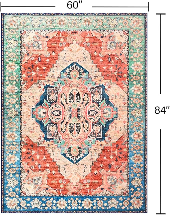 YJ.GWL Area Rugs for Living Room 5x7 Machine Washable Rugs, Non Slip Floral Vintage Rug Indoor Carpet, Stain Resistant Large Rug for Bedroom Dining Room, Red Blue Gradient Color
