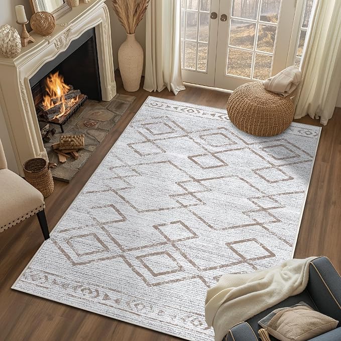 jinchan 3x5 Area Rugs for Entryway - Machine Washable Modern Rug Kitchen Soft Faux Wool Stain Resistant Non-Slip Ultra-Thin Low-Pile Geometric Carpet for Entrance Bedroom Living Room (3x5ft, Taupe)