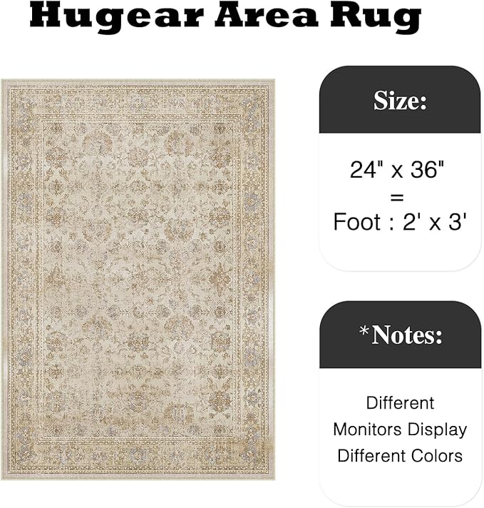 HUGEAR 2x3 Entryway Rug Retro Beige Small Area Rug Machine Washable Door Mat Vintage Floral Low Pile Carpet Vacuumable Distressed Throw Rug Entrance Kitchen Bathroom Bedroom Non Slip Lightweight