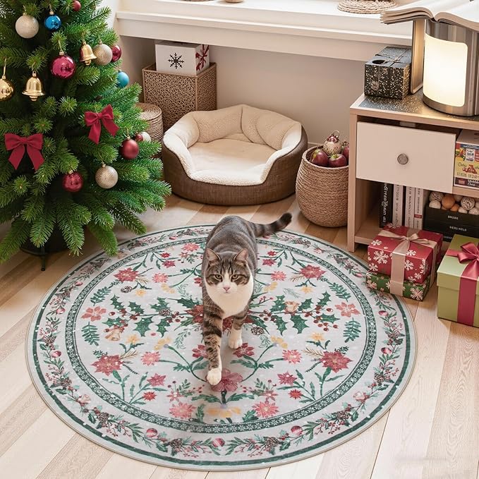 Wonnitar Christmas Decorations for Bedroom, Round Christmas Rug for Entryway Indoor, 4ft Washable Circle Rug Holiday Decor Non Slip Small Round Carpet for Living Room Kids Room Bathroom Xmas Tree
