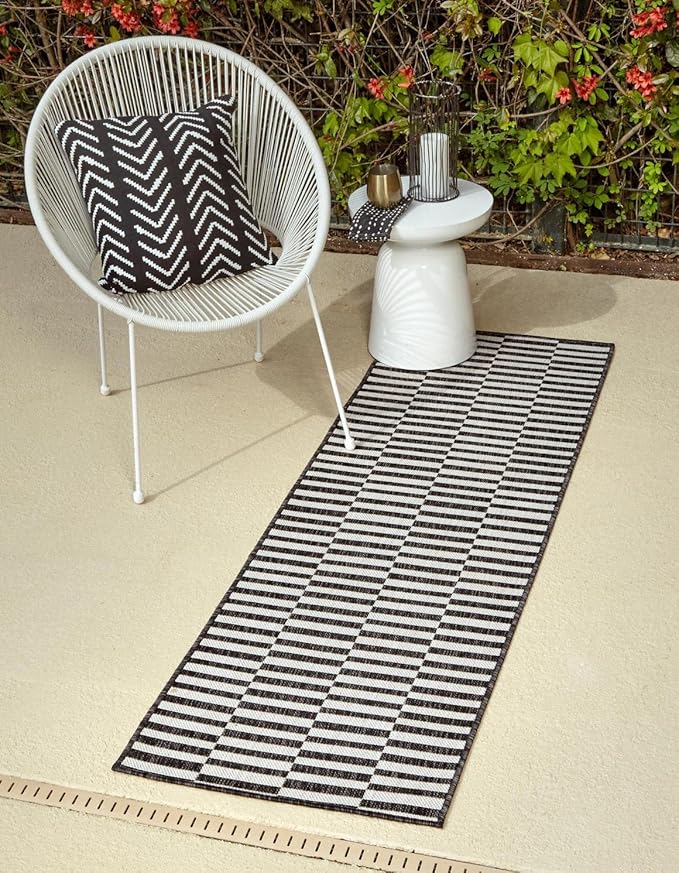 Unique Loom Outdoor Striped Collection Area Rug - Striped (2' x 8' Runner Charcoal/Ivory)