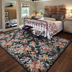 8x10 Machine Washable Area Rug for Living Room, Black Vintage Boho Floral Rug Large Non-Slip Low Pile Soft Faux Wool Carpet, Kids and Pets Friendly for Bedroom Dining Room Farmhouse Home Decor Rug