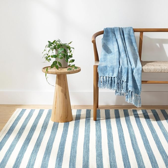Home Conservatory Ladder Stripe Blue/Ivory Handwoven Wool 5 X 8 Feet, Blue/Ivory Stripe Pattern