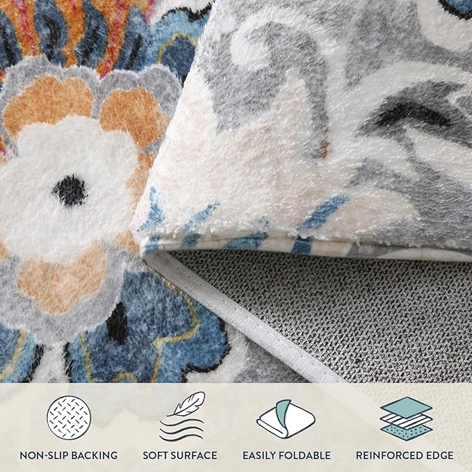 Lahome Floral Hallway Runner - 2x6 Washable Non-Slip Kitchen Runner Rug, Throw Lightweight Soft Bathroom Runner Rug Grey Paisley Print Indoor Carpet Runner for Entrance Bedroom Laundry Living Room
