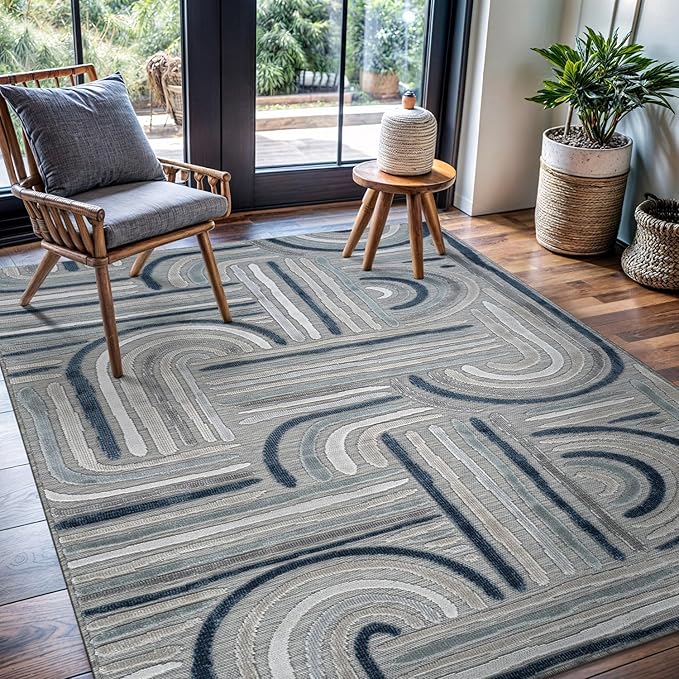 CAMILSON Indoor Outdoor Rug, Blue 5x7 Geometric Arch Striped Area Rugs for Patio and Home Areas, Easy-Cleaning Non-Shedding Living Room, Garden and Deck Washable Outside Carpet (5 x 7)