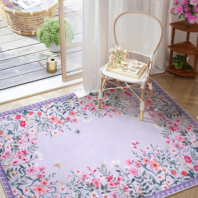 Wonnitar Washable 4x6 Rug, Purple Rugs for Girls Bedroom, Soft Non-Slip Nursery Area Rug, Floral Rug Kids Room Low Pile Throw Carpet for Dorm Decor (Purple,4'x6')
