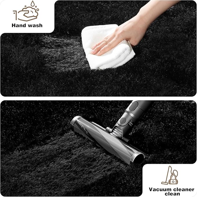 2x3 Black Rug for Bedroom Living Room, Fluffy Small Area Rug Soft Shag Carpet for Kids Boys and Girls Room with 4 Rugs Non-Slip Stickers Dorm Home Decor (2ft x 3ft)