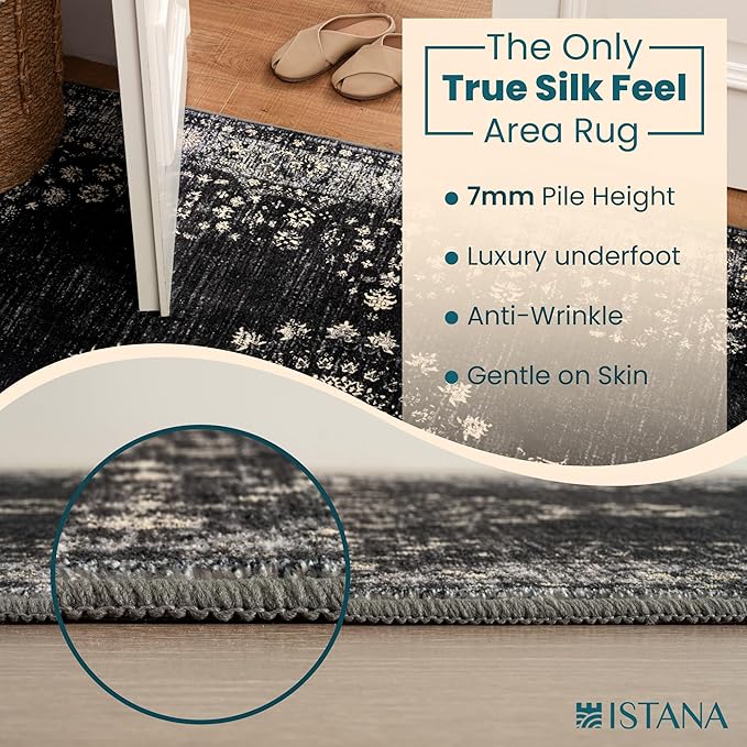 Istana Hallway Runner Rug 2.5x8 - Black Kitchen Rugs Non Slip Washable -Silk's Soft Touch Carpet Runner - Stylish Runner Rugs for Home