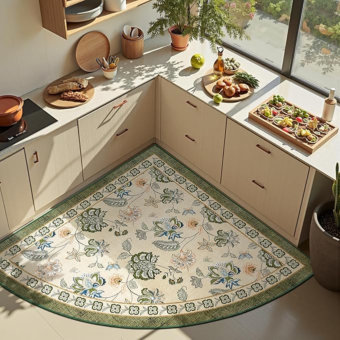 jinchan Elora Floral Corner Rug for Kitchen Washable Nursery Rug Vintage Romance Design Non Slip Quarter Circle Lightweight Low-Pile Throw Carpet for Playroom Reading Nook, 5ft Radius, Green/Beige