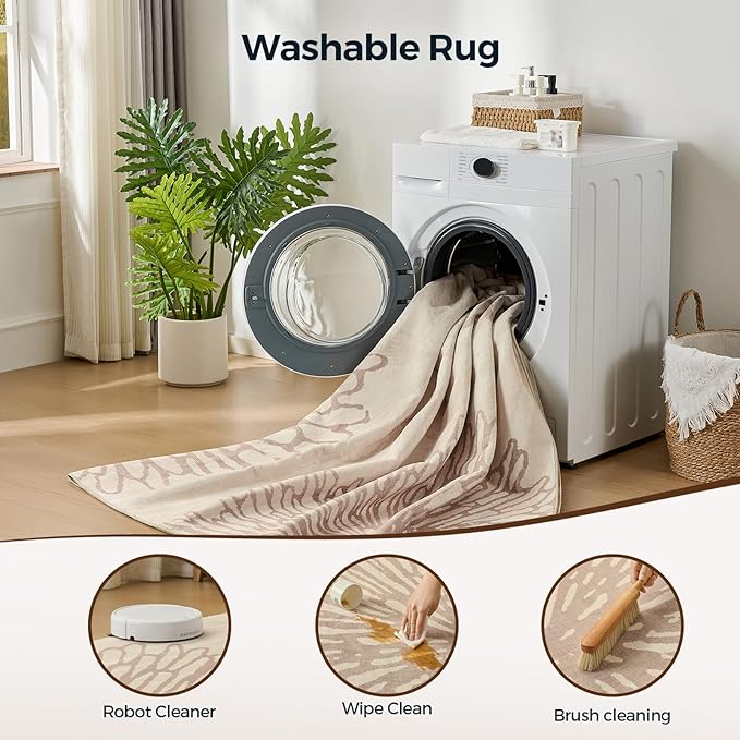 WITSHOCK 7x10 Area Rugs for Living Room: Beige Floral Washable Rugs for Bedroom Dining Room Office Nursery Modern Non-Slip Stain Resistant Low Pile Home Decor（Beige/Brown,7'x10'）