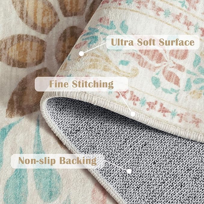 jinchan Hallway Runner Rug 2x10 Vintage Floral Distressed Design - Machine Washable Non-Slip Low-Pile Soft Thin Faux Wool Kitchen Carpet for Farmhouse Bedroom Laundry Room(2x10ft, Apricot Multi)