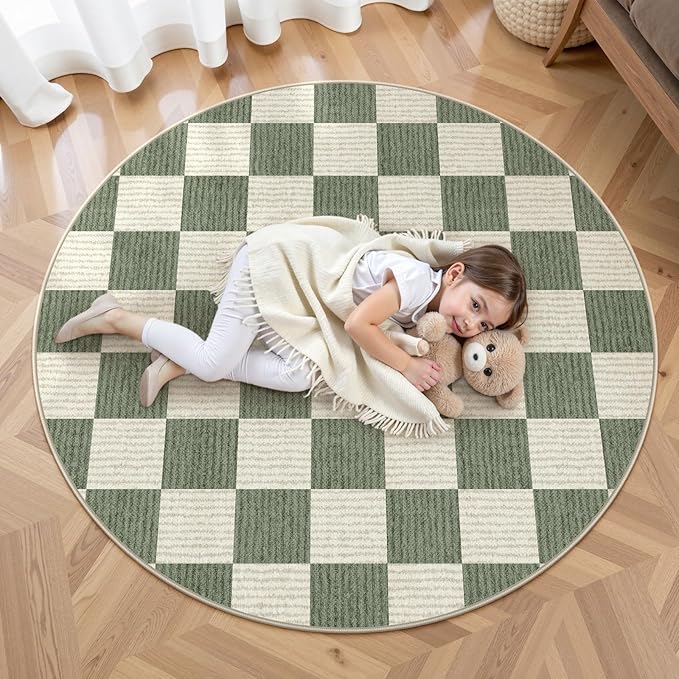 LIVEBOX Checkered Round Rug 4 Ft Washable Area Rug for Playroom, Kids Non-Slip Neutral Classic Circle Rug Geometric Large Carpet Soft Boys Rug for Classroom Dorm Bedroom(Green,120R)