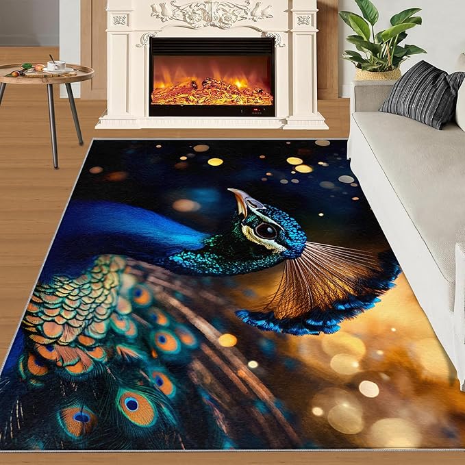 Peacock Area Rug 8x10-8x10 Rug, Wonderful Peacock Rugs for Living Room, Teal Turquoise Carpet, Peafowl Feather Washable Area Rugs for Bedroom, Aesthetics Carpet - Peafowl Home Decor & Gifts