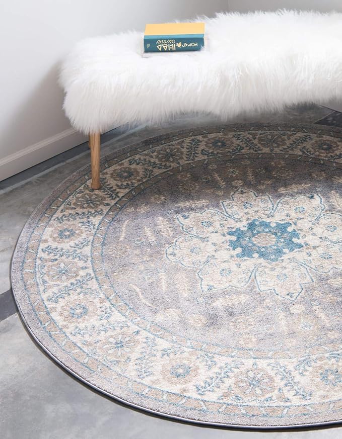 Unique Loom Salzburg Collection Classic Traditional Design Oriental Inspired Border Area Rug (5' 0 x 5' 0 Round, Gray/Beige)