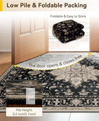 Area Rugs Square 7ft Washable Non-Slip, Floral Vintage Distress Print Pattern Medallion Carpet for Living Room Bedroom Dining Room, Black Brown Neutral Dark Tan