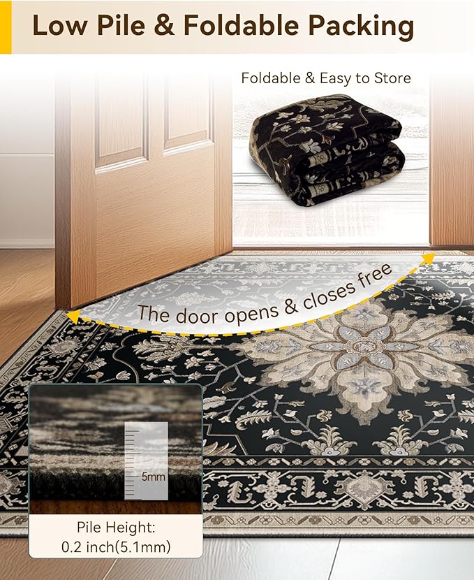 Area Rugs 3'x7' Washable Non-Slip, Floral Vintage Distress Print Pattern Medallion Carpet for Living Room Bedroom Dining Room, Black Brown Neutral Dark Tan