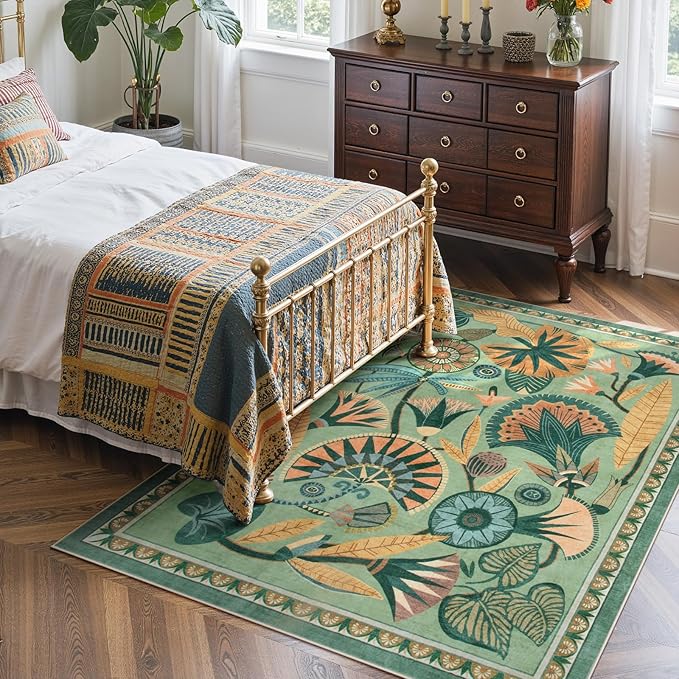 5x7 Floral Rug, Green Rug for Living Room, Washable Low Pile Bedroom Rugs, Non Slip Throw Rugs with Rubber Backing, Soft Carpet for Dining Room Home Office Playroom