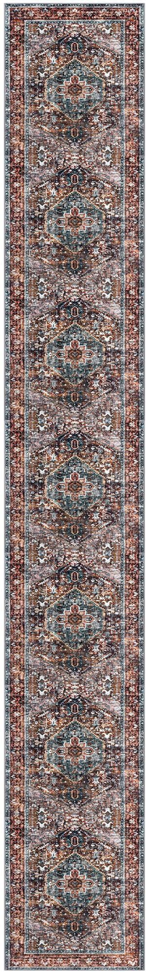 KOZYFLY Area Rug 3x18 Ft Washable Boho Runner Rug for Entryway Hallway Indoor Printed Faux Wool Carpet for Bedroom Kitchen Hall, Brick Red/Orange/Green