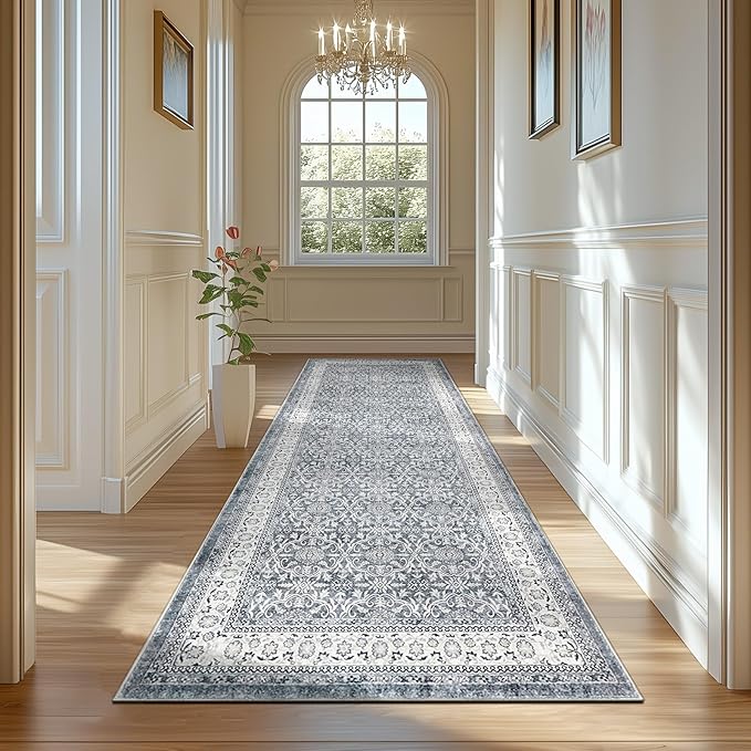 jinchan Hallway Runner Rug 3x8 - Machine Washable Grey Vintage Floral Distressed Design Soft Non-Slip Low-Pile Ultra-Thin Runner Rug for Kitchen Laundry Room Bedroom Farmhouse (3‘x8', Grey)