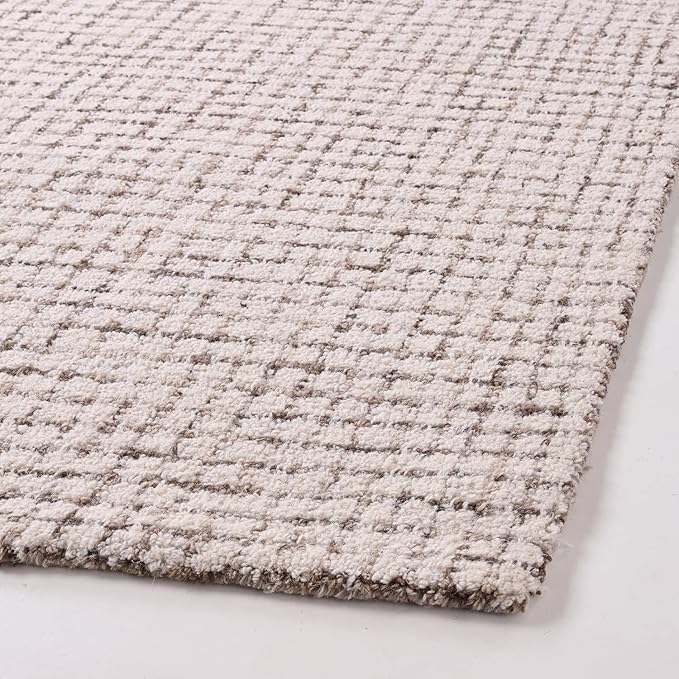 Hand-Tufted 100% Wool Pile Area Rug – Geometric Textured Grid Check Pattern – Thick and Durable Floor Carpet for Bedroom, Living Room, Kids Room, and Dining Area (Ivory-Brown, 2.6' x 10')