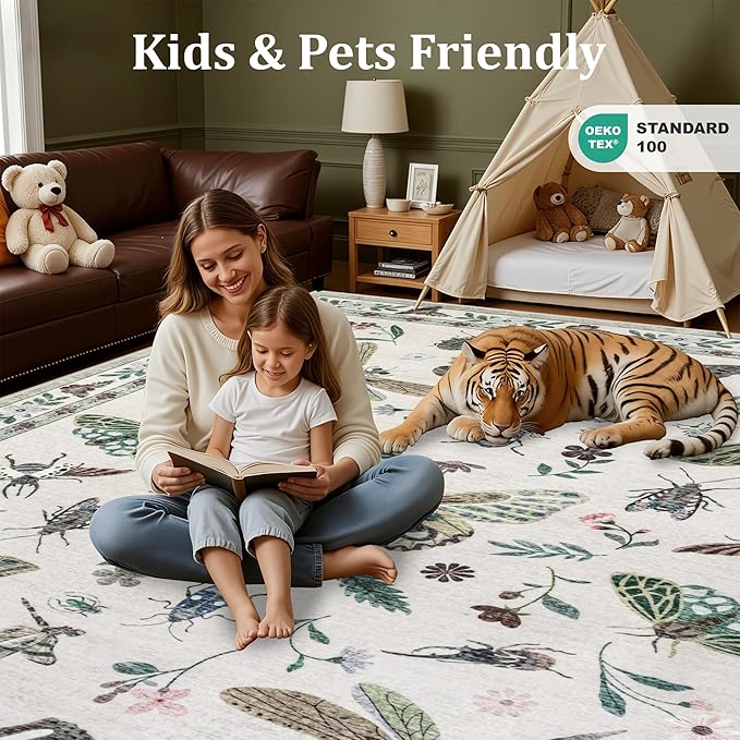 9x12 Area Rugs Living Room Rug: Vintage Washable Rug Floral Soft Carpet Indoor Floor Non-Slip Boho Stain Resistant Large Carpets for Bedroom Kids Nursery Dining Room Farmhouse Home Office Beige