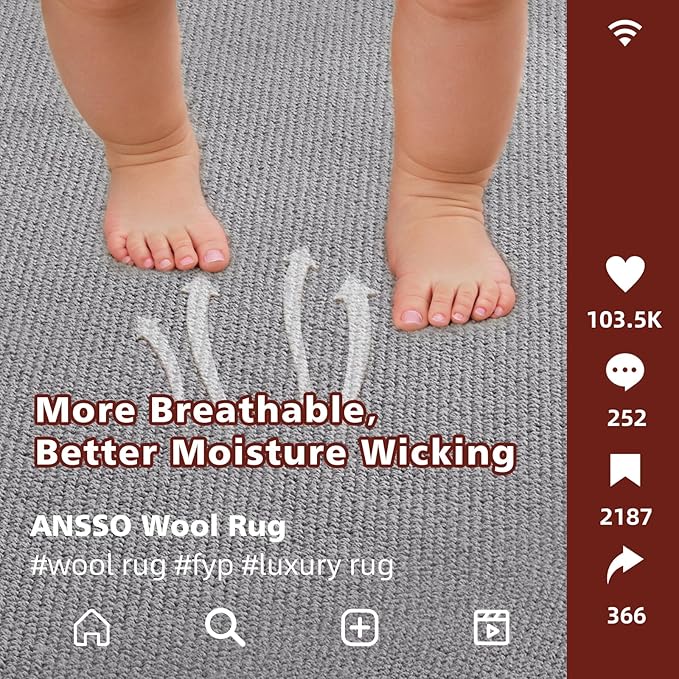 ANSSO Wool Area Rugs 9x12 Living Room,80% Merino Wool and 20% Cotton Soft Tufted Area Rug with Cotton Non-Slip Backing,Large Area Rug for Bedroom Bedroom, Dining and Home Office (Dark Gray)