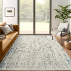 5x7 Area Rugs Blue Ivory Low Pile Indoor Washable Trendy Faded Style Rugs for Bedroom Living Room Dining Room Foldable Non-Slip Thin Print Mat
