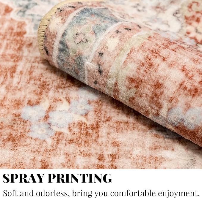 MUJOO 8'x10' Area Rugs for Living Room Large Washable Rug Boho Carpet 8'x10' for Bedroom Non Slip Abstract Soft Low-Pile Orange Navy Blue Floral