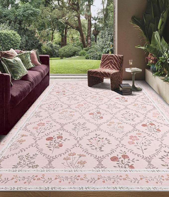 YIHOUSE 8x10 Washable Rug for Living Room, Pink Floral Rugs for Bedroom Boho Area Rug Non Slip Ultra-Thin Large Rug for Kids Playroom, Classroom, Girls Dorm, Nursery, Pink Multi
