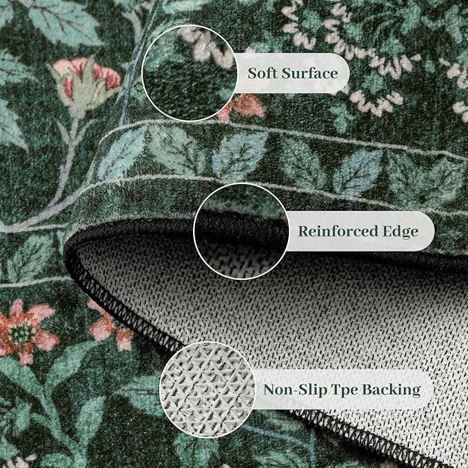 6' Round Area Rug - Floral Vintage Forest Washable Low Pile Non-Slip Carpet for Living Room, Bedroom, Dining Room, Office (Dark Green)