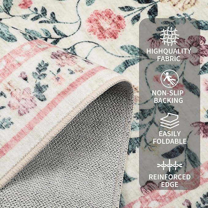5x7 Washable Non-Slip Rug, Vintage Floral Area Rug for Living Room, Low Pile Farmhouse Distressed Carpet for Nursery Playroom Dorm Teens Office, Pink