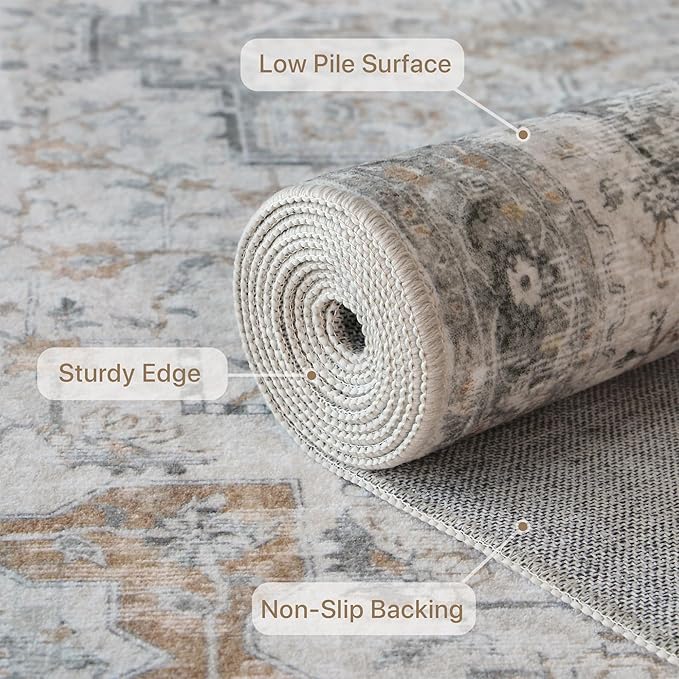 Bavni Washable Rug 4x6 Area Rug for Living Room Bedroom Dining, Washable Vintage Print Carpet, Ultra-Thin Low Pile Lightweight Rug with Non Slip Backing, Light Taupe Brown
