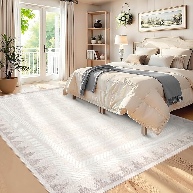 Geometric 8x10 Washable Area Rug for Living Room Dining Room Non Slip Soft Foldable Indoor Carpet Bordered Printed Large Modern Bedroom Rugs Stain Resistant, Beige