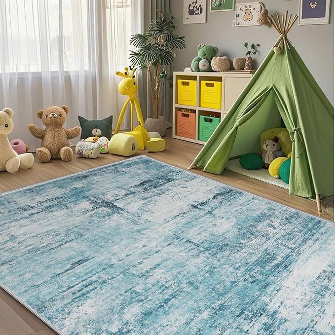 5x7 Abstract Area Rugs for Living Room, Modern Teal Grey Washable Indoor Rug for Bedroom, Thin Soft Large Non-Slip Carpet for Dining Room Home Office Farmhouse Decor - Teal+Gray