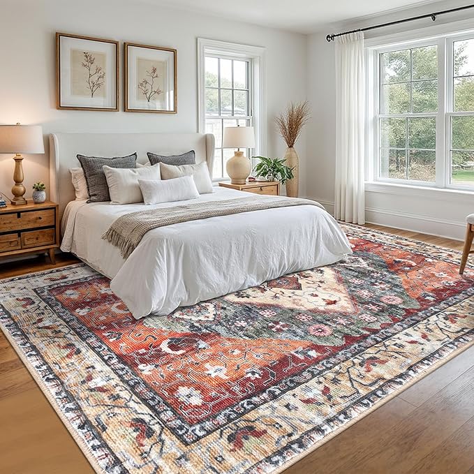 KOZYFLY Boho Area Rug 9x12 Ft Thin Rugs for Living Room Washable Bedroom Rug Non Slip Rugs for Living Room Rust/Orange/Blue Printed Faux Wool Vintage Bedroom Rug Floor Carpet for Dining Room