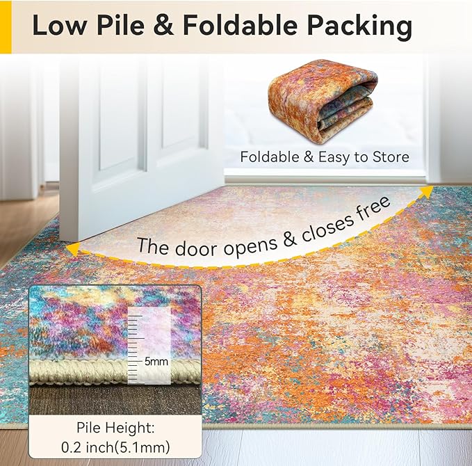 Washable Area Rugs 3'x5' Non-Slip Modern Abstract Soft for Living Room Entryway Bedroom Nursery, Print Pattern, Orange Blue Pink Yellow Colorful
